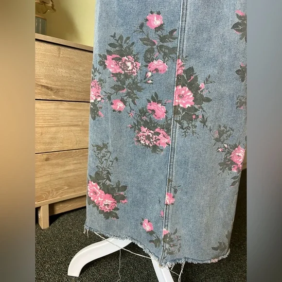 Vintage Cotton Denim Pink Wild Rose Floral Midi Maxi Side Slit High-Waist Skirt - Picture 11 of 16